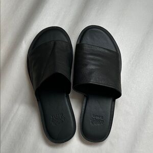 Roots Black Leather Slide Sandals